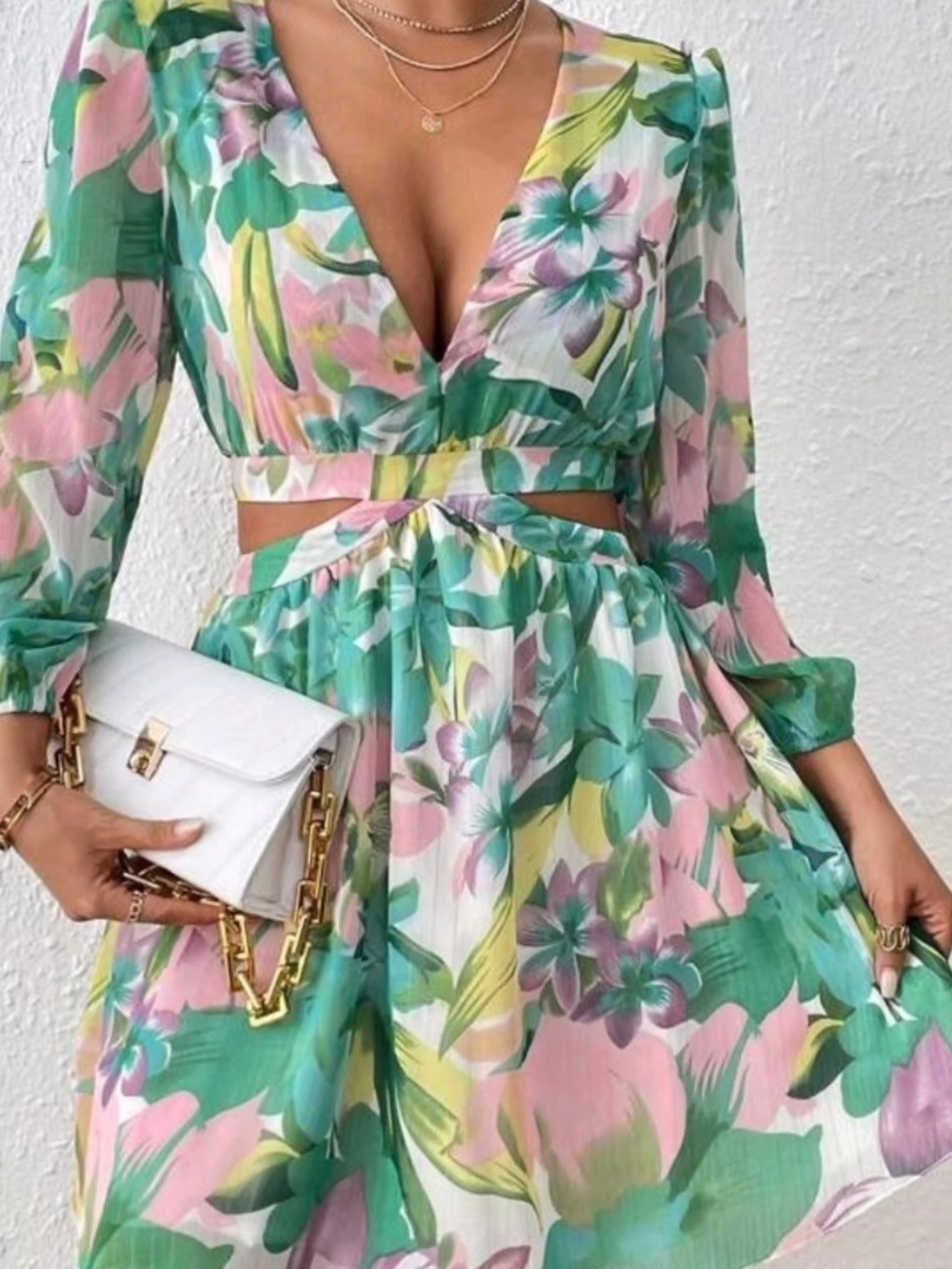 Floral Cutout V-Neck Maxi Dress in Green & Pink